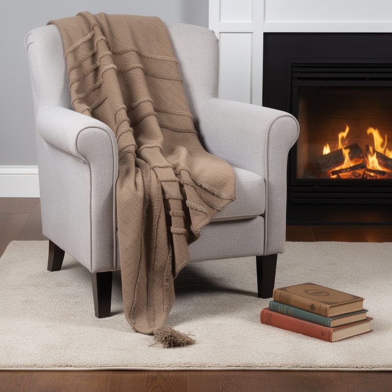 HomeRoots 50" X 60" Brown Cotton Woven Geometric Throw Blanket with Tassels - Throw - Brown