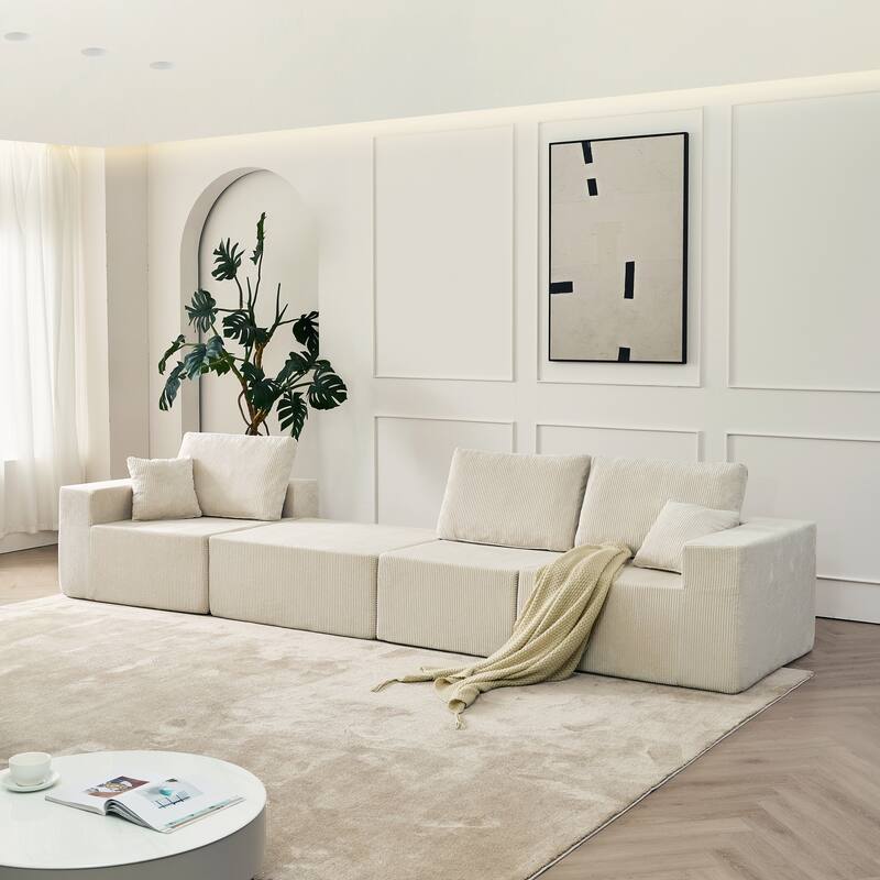 Modular L Shaped Sectional Sofa with Ottoman, Corduroy Boneless Cloud Sofa, 3 Seater Upholstered Sofa with 2 Pillows