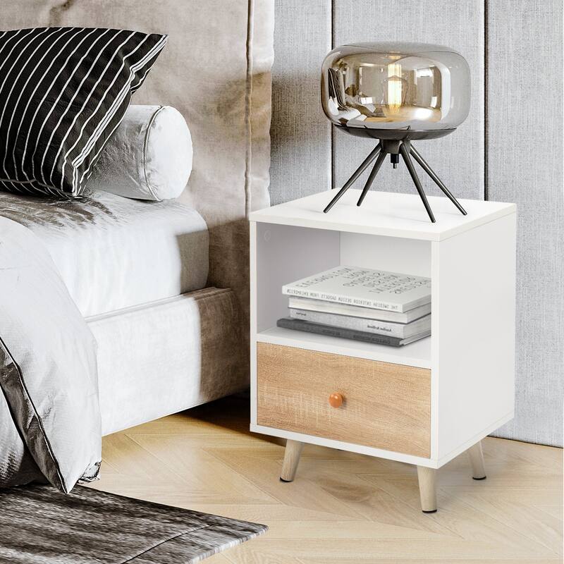 Modern White Bedside Table with Drawer and Storage Shelf, Multi-Purpose End Table