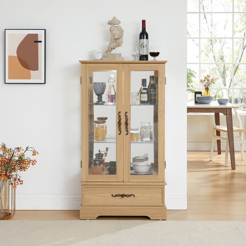 GDFStudio - Traditional Storage Lighted Curio Display Cabinet with Glass Doors and Drawer