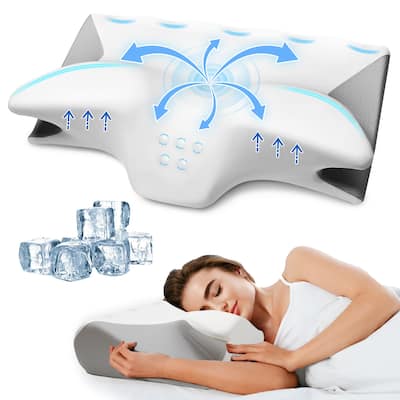 Cooling Gel Memory Foam Contour Pillow, OX Horn Cervical Pillow - White & Grey - White & Grey