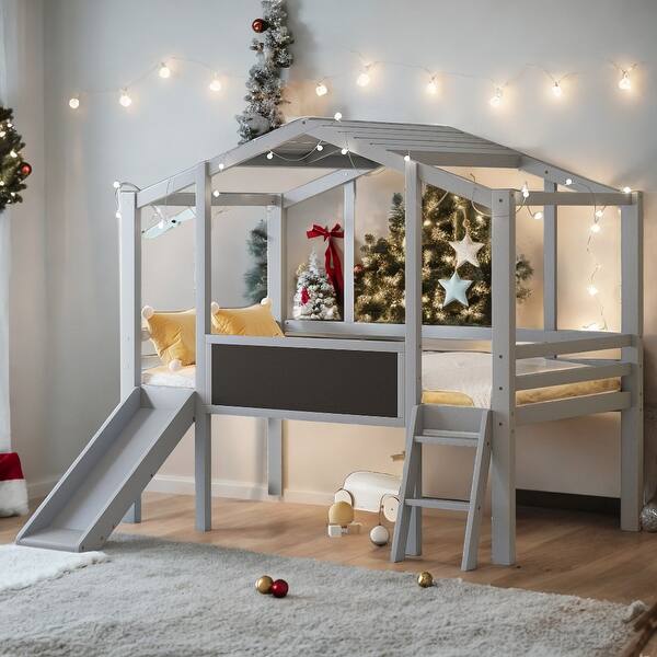 slide 2 of 35, Elegant Twin Size Loft Bed with Ladder and Slide, House Bed with Blackboard and Light Strip on the Roof, Safety & Fun, White Grey