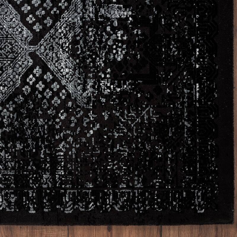 Updated Traditional Black Power Loom Viscose & Acrylic Area Rug