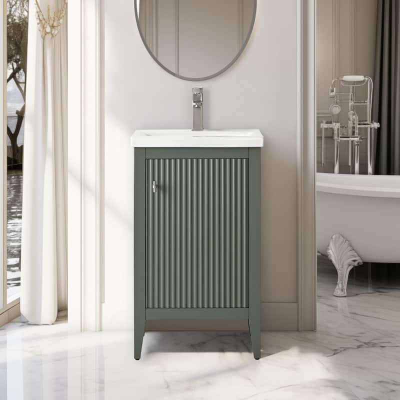 Vanity Art 20" Single Sink Bathroom Vanity Cabinet with Ceramic Top - 20"/Brushed Nickel Handle - Linear Vintage Green