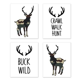 Sweet Jojo Designs Green Beige Rustic Deer Woodland Camo Collection Wall Decor Art Prints (Set of 4) - Crawl Walk Hunt
