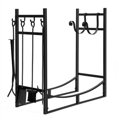 Black Steel Firewood Rack with Kindling Holder and 4-Piece Tool Set Heavy-Duty Fireplace Organizer - 30" x 13" x 30" (L x W x H)