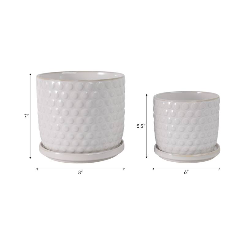 Ceramic Planters with Textured Bubble Surface and Saucers (Set of 2) - 8" x 8" x 7"