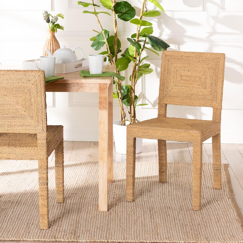 Anfield Modern Bohemian Natural Seagrass and Mahogany Wood Dining Chair