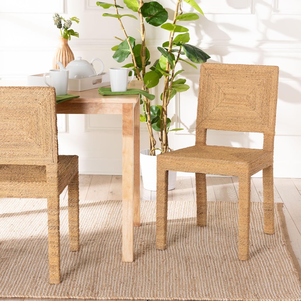 Anfield Modern Bohemian Natural Seagrass and Mahogany Wood Dining Chair