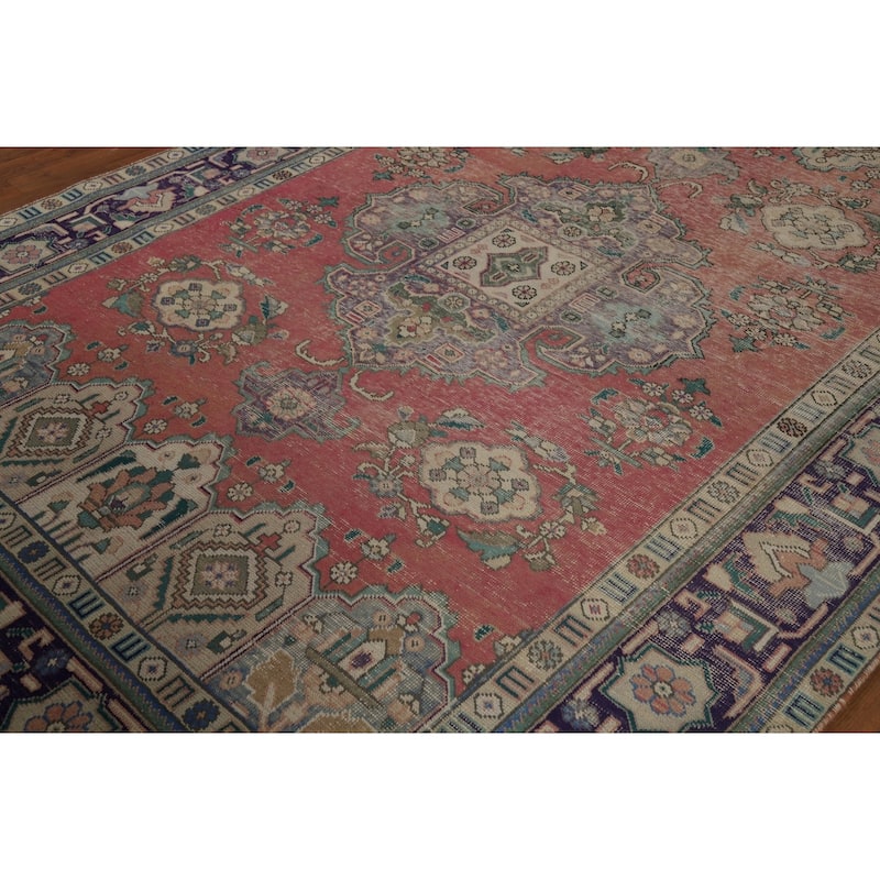 Vintage Geometric Tabriz Persian Area Rug Hand-Knotted Wool Carpet - 6'6" x 9'7"