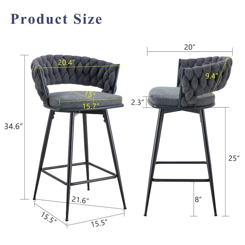 Roomfitters Swivel Bar Stools with Linen Cushions and Black Iron Frame, Set of 2