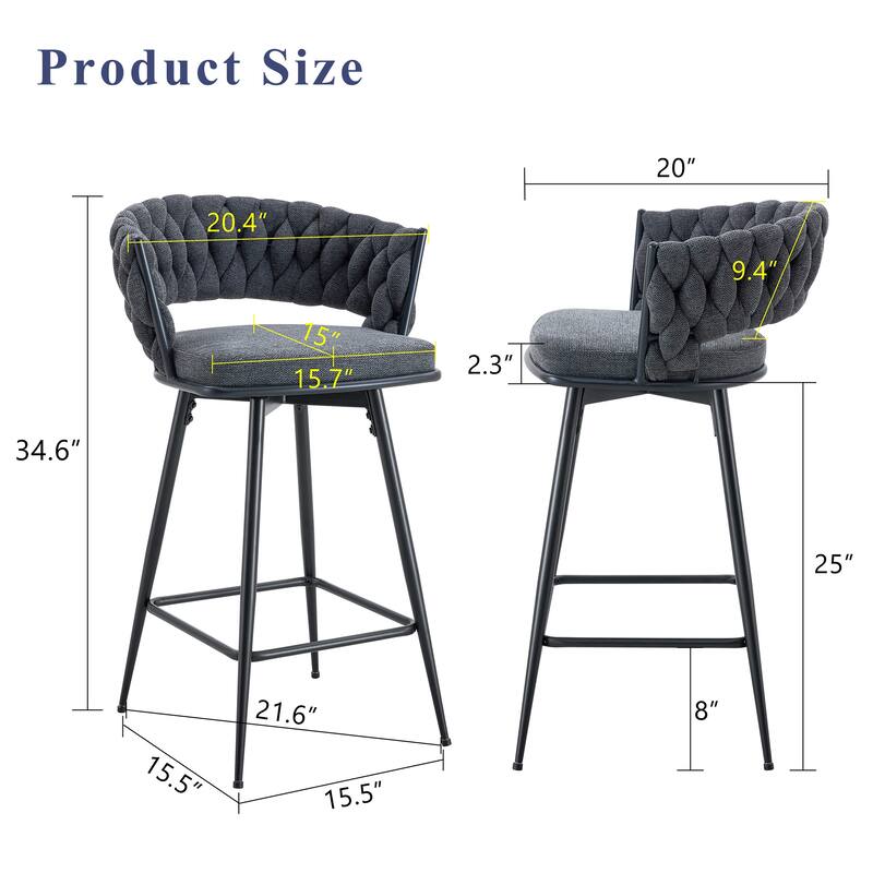 Swivel Bar Stools Set of 2, Modern Barstools with Backs, Upholstered Cotton Linen High Chairs for Island Kitchen