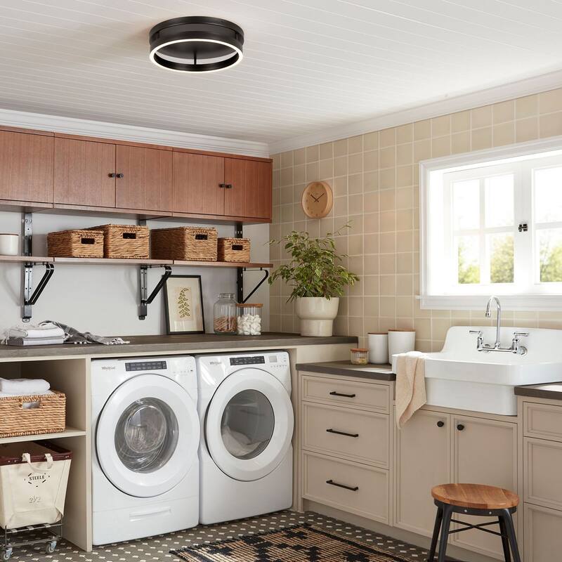 13.8" 1-Light Modern Black Circle Round Metal Integrated LED Flush Mount Ceiling Light for Bedroom & Living Room