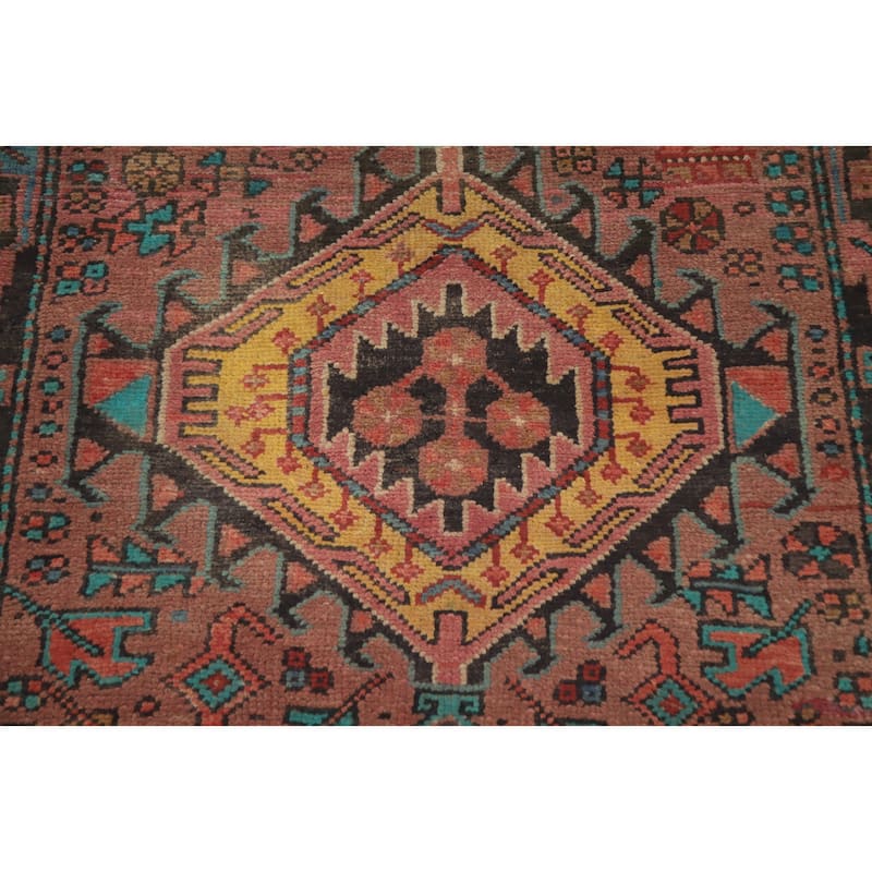 Hand Knotted Oriental 100% Wool Carpet Traditional Geometric Pink Heriz Runner Rug - 9' 5'' X 3' 0''