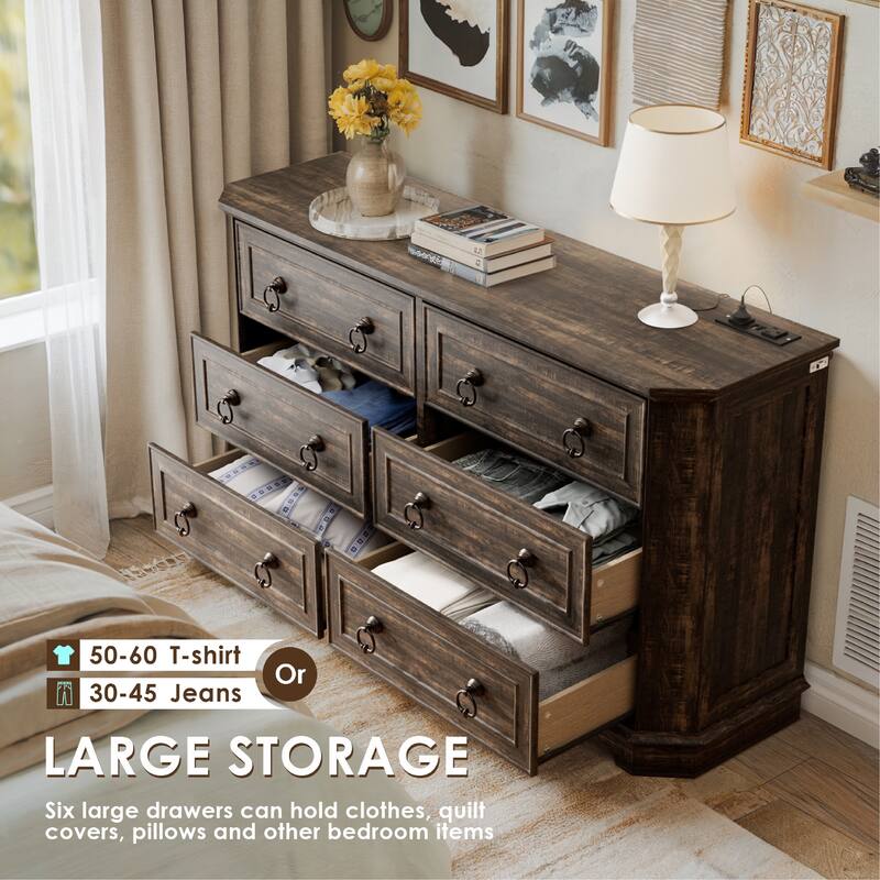 Farmhouse 6-Drawer Dresser with Charging Station