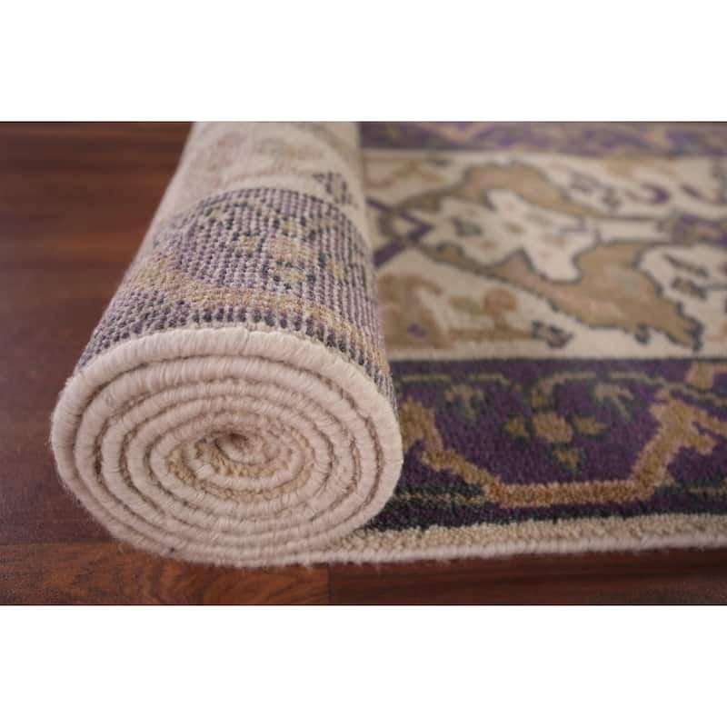 Ivory & Purple Oushak Indian Runner Rug Hand-Knotted Wool Carpet - 2'8"x 10'1"