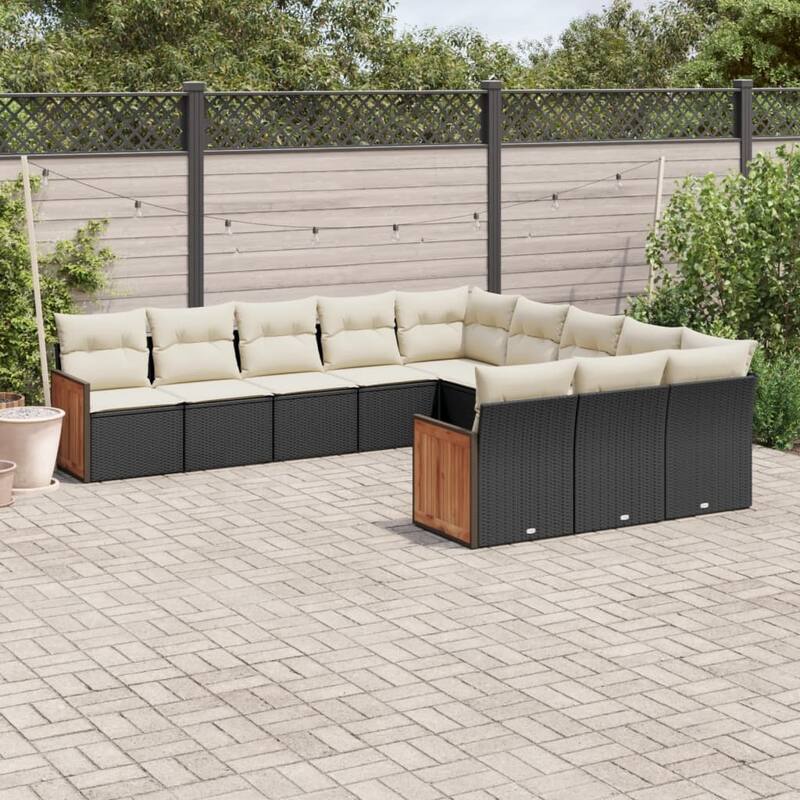 vidaXL Patio Sofa Set with Cushions Outdoor Conversation Furniture Poly Rattan - Black and cream without table - 24.4 x 24.4 x 27.2 in