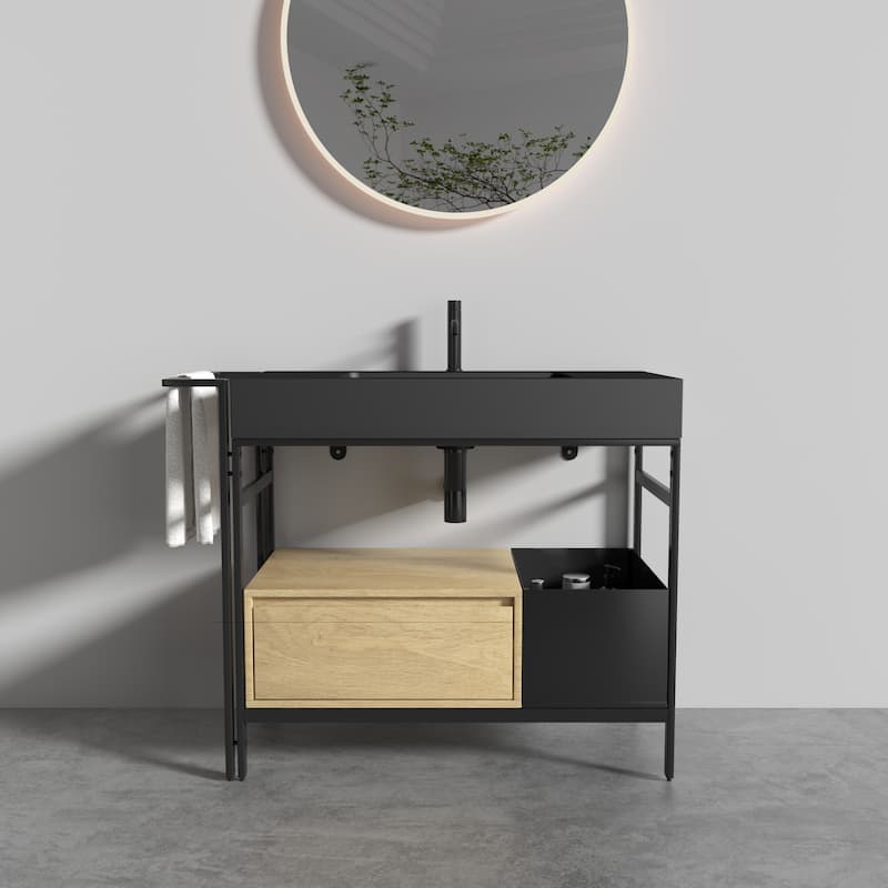 36" Industrial Style Modular Bathroom Vanity. This vanity features a robust metal frame accented with warm wood elements - Black,Oak