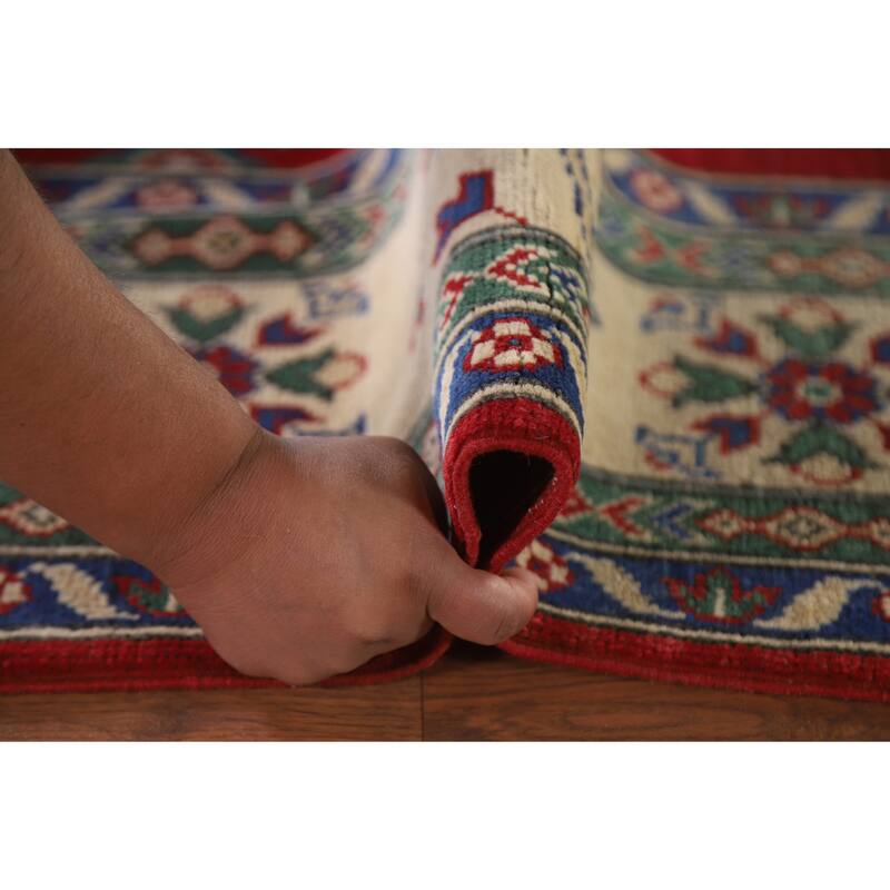 Hand Knotted Oriental 100% Wool Carpet Traditional Geometric Navy Blue & Blues Kazak Area Rug - 9' 7'' X 6' 10''