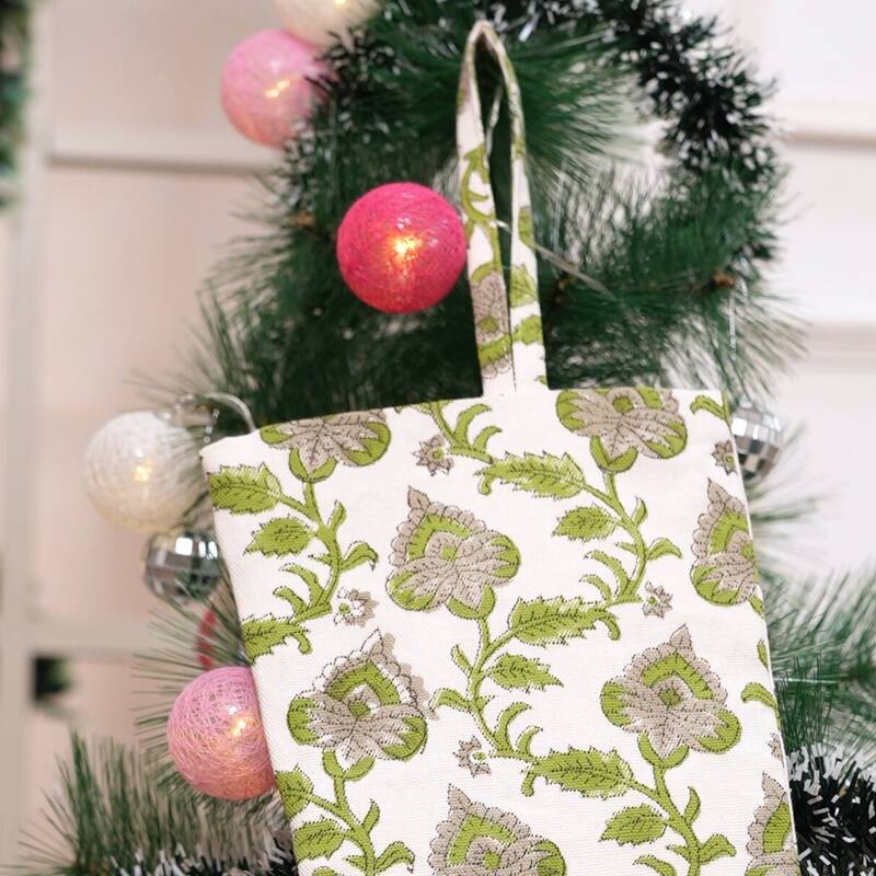 Fabdivine 16x6.5 Inches Hand Floral Block Print Christmas Stockings Tassle and Loop Perfect for Gift - 16"X6.5" - Madhubala- Green, White, Grey - Christmas Stockings