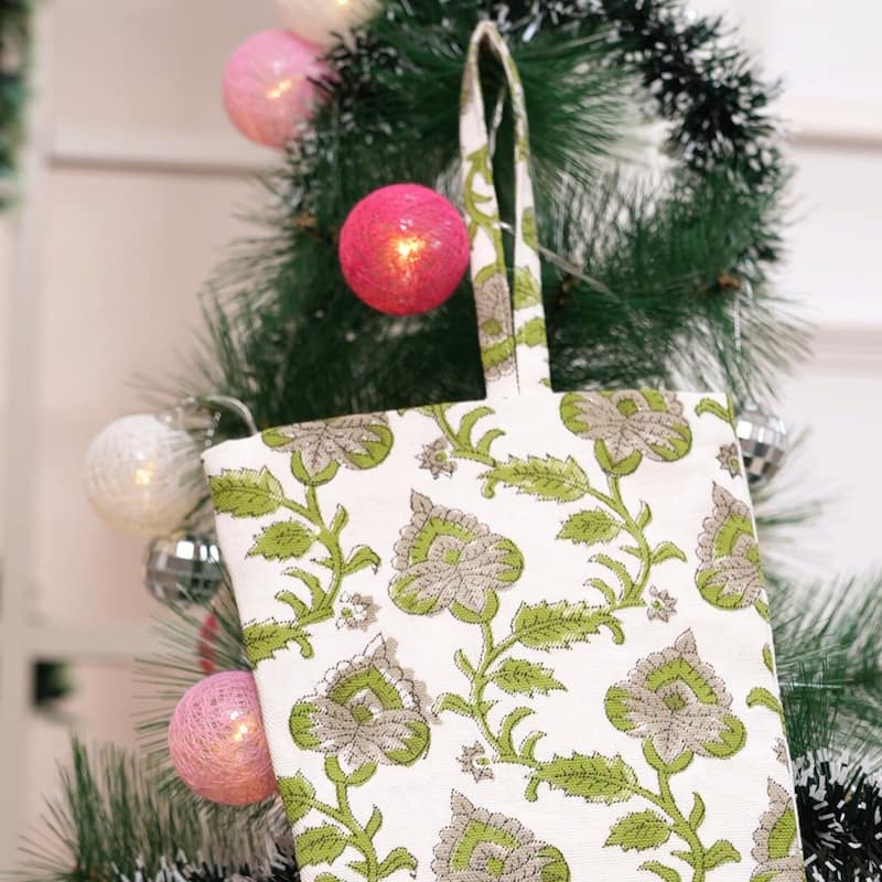 Fabdivine Handmade Christmas Stocking Floral Block Print 10X4.5 Inch Tassel Loop for Home Décor - 10"X4.5" - Madhubala- Green, White, Grey - Christmas Stockings