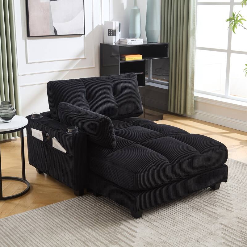 Oversized Corduroy Upholstered Single Chaise Lounge Sofa Couch Switchable Armrest with Cup Holders, USB Ports and Pockets