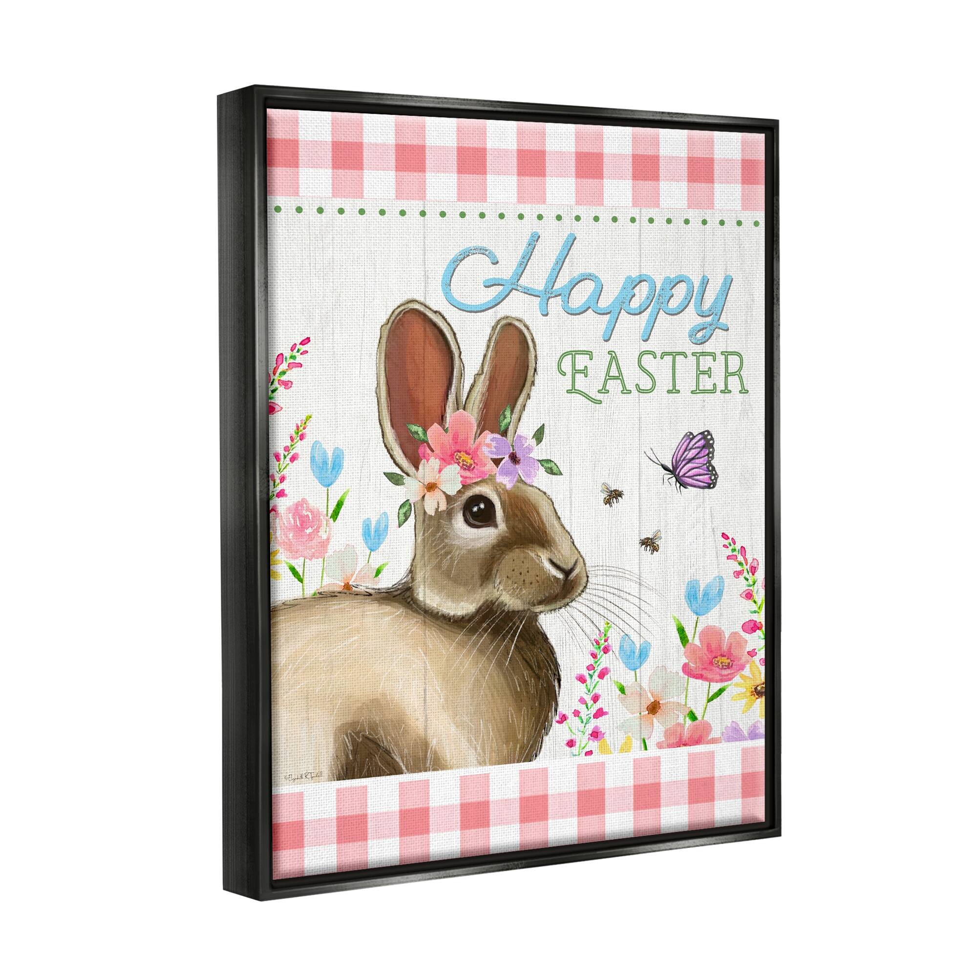 Stupell Industries Happy Easter Floral Gingham Rabbit Framed Floater ...