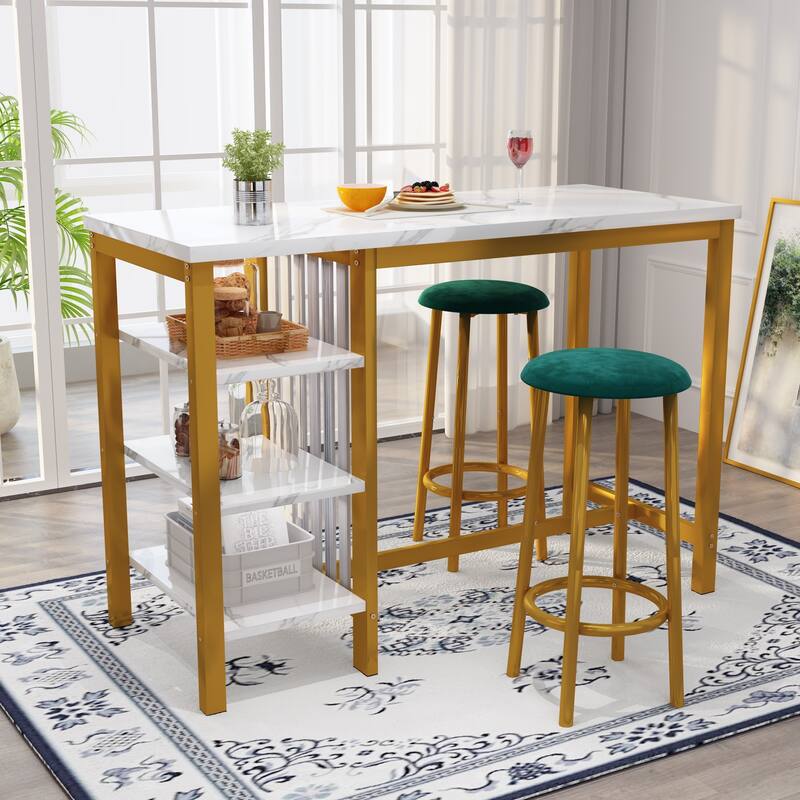 Grondin Modern Contemporary Faux Marble 3 Piece Bar Table Set with 2 Upholstered Stools and Extra Storage Shelves