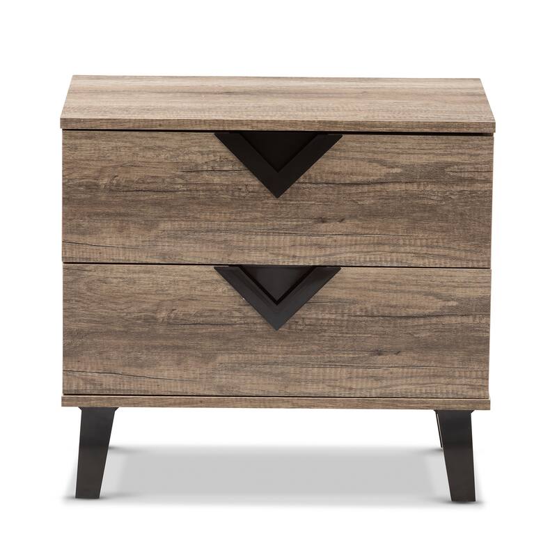Modern Nightstand 2 Drawer Bedside Table, Oak Veneer & Black Accents, Bedroom Storage Organizer