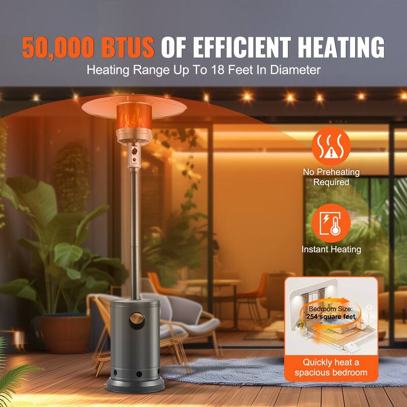 Silver Outdoor Propane Patio Heater with 50000 BTU Flame Tube and Adjustable Heat for Garden - 32.01x32.01x87.40 in