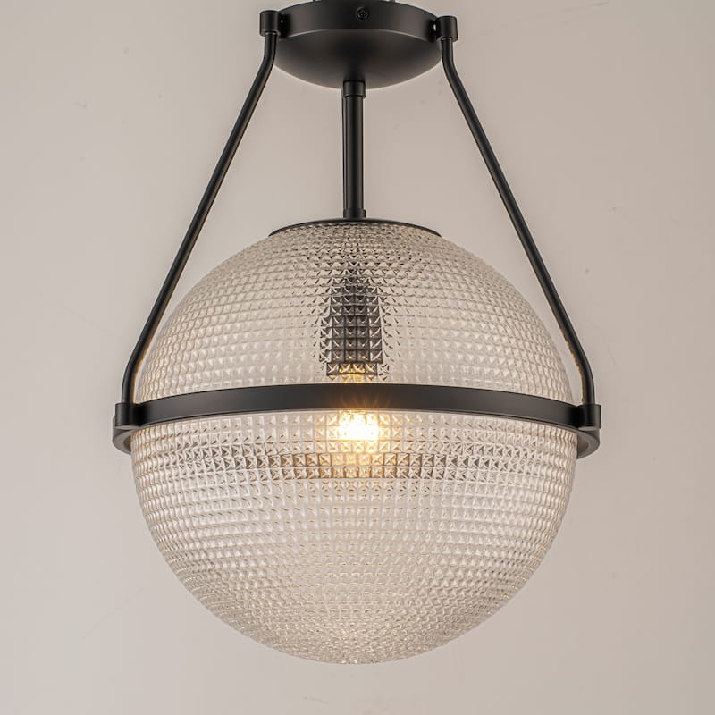 1-Light 14.17" Black/Gold Modern Textured Grid Glass Globe Semi-Flush Mount Light