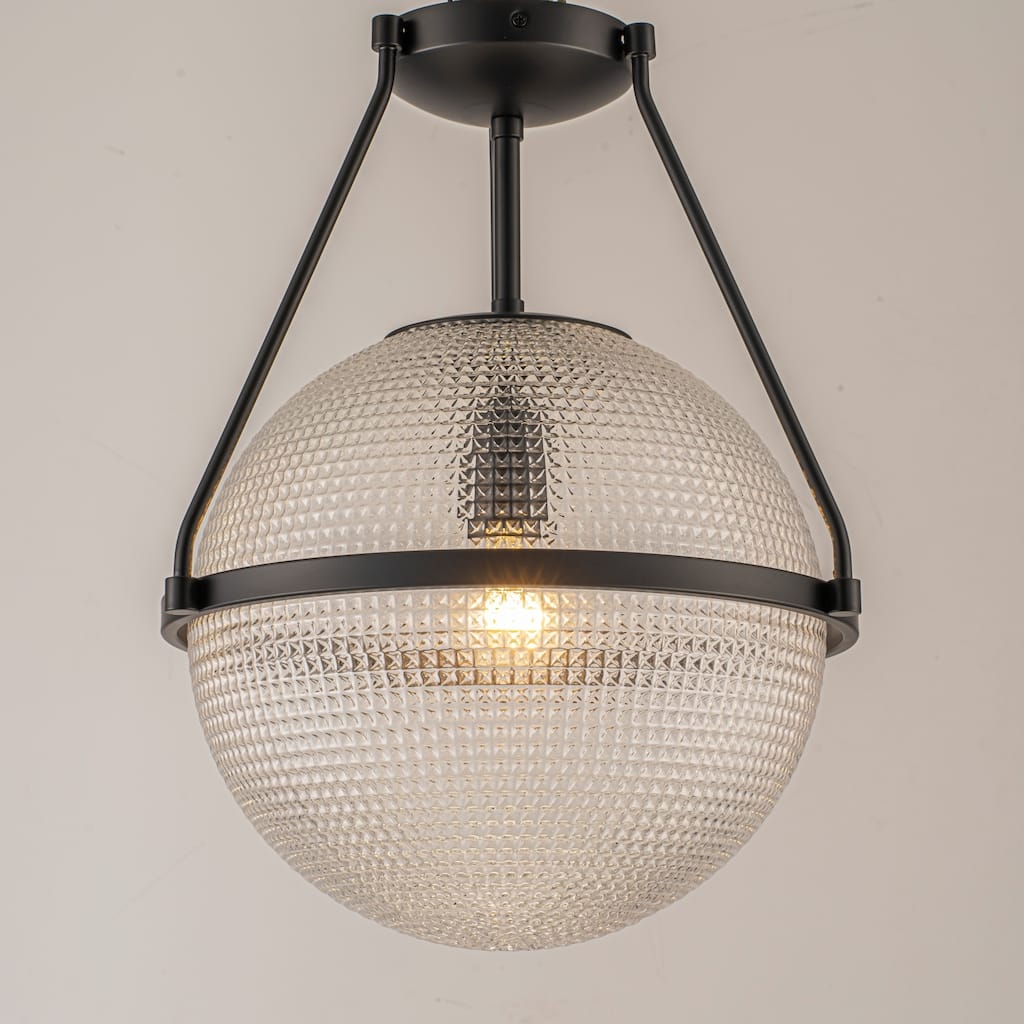 1-Light 14.17" Black/Gold Modern Textured Grid Glass Globe Semi-Flush Mount Light