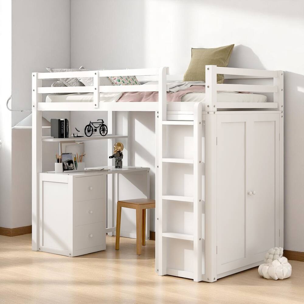 Wooden Twin/Full Loft Bed with Built-in Desk, Wardrobe Closet & Storage Drawers, Guardrail Design