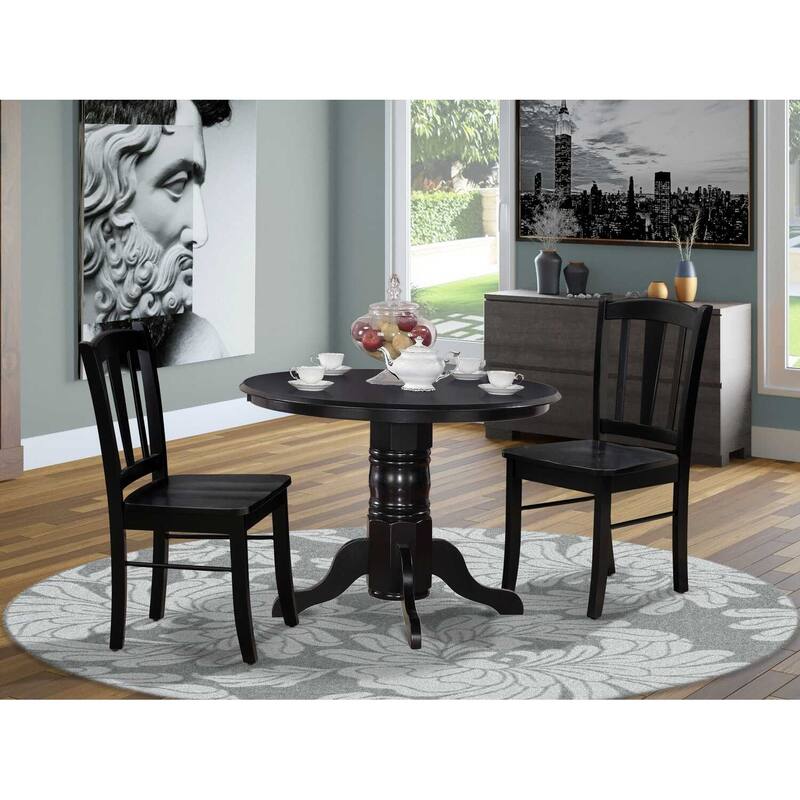 Modern 3Pc Dinette Set - Round Dining Table with 2 Wooden Chairs - Black Finish Kitchen Table Set