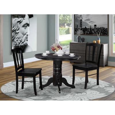 Modern 3Pc Dinette Set - Round Dining Table with 2 Wooden Chairs - Black Finish Kitchen Table Set