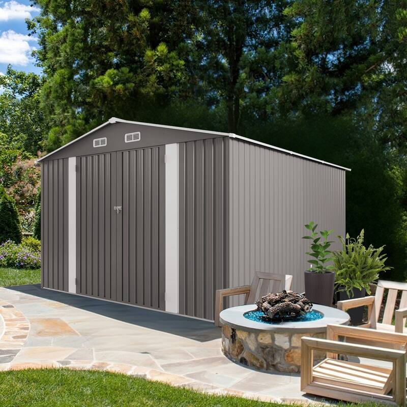 10x12FT Outdoor Storage Shed Metal Garden Shed with Double Door Two Window Waterproof Tool Shed