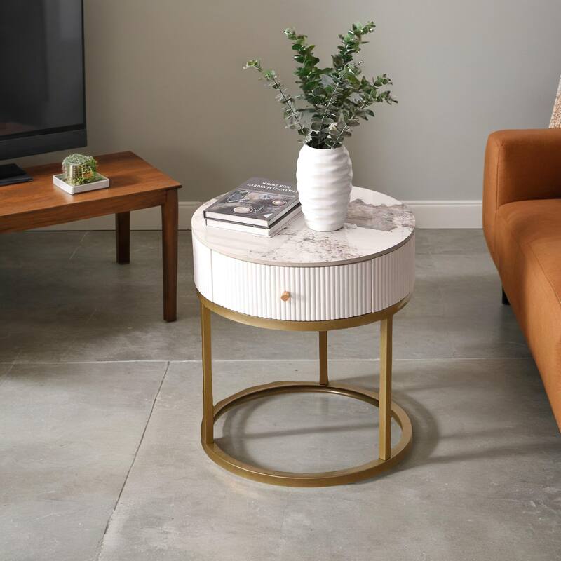 Round Nightstand with Drawer, 19.68 Inch Wood End Table with Storage, Small Table or Living Room - White