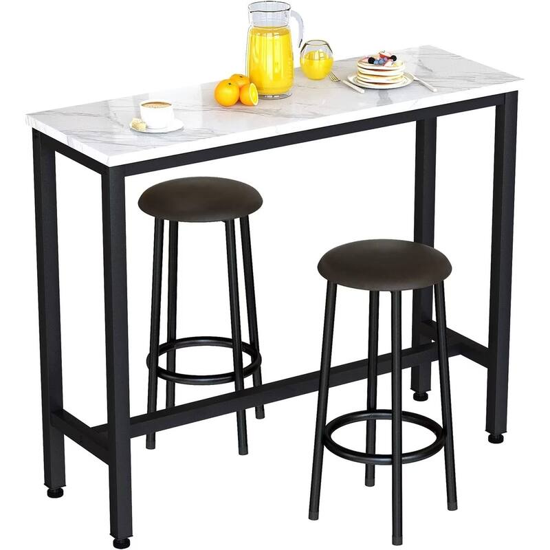 3 Piece Kitchen Pub Dining Set, Modern Faux Marble Counter Height Bistro Bar Table Set with 2 PU Leather Bar Stools