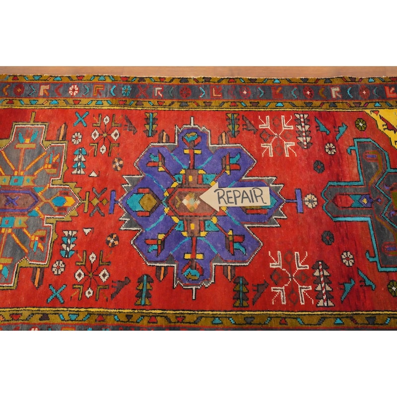 Hand Knotted Oriental 100% Wool Carpet Traditional Geometric Oranges & Rust Heriz Runner Rug - 9' 6'' X 3' 3''