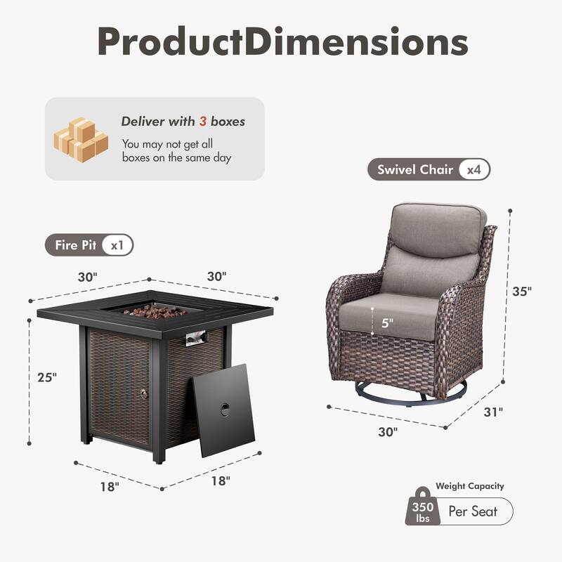 Meyreso 5-Piece Outdoor Patio Wicker Fire Pit 4 person Conversation Set with 5-Inch Thick Cushions