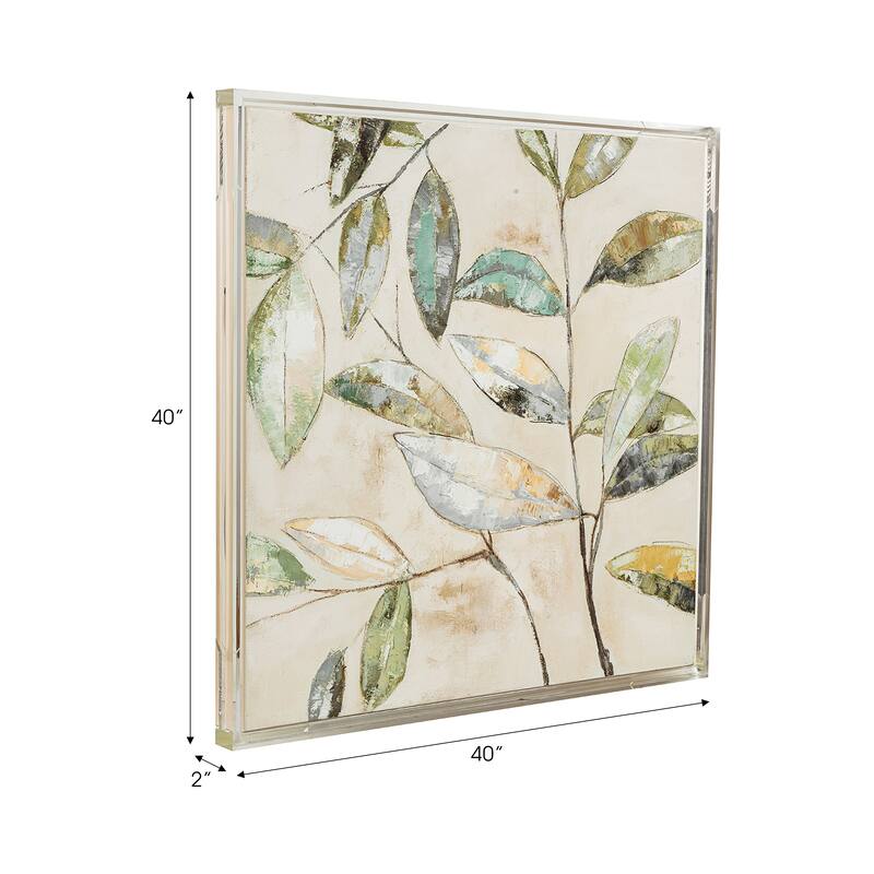 Canvas Wall Art Wood Frame Hand Painted Leaf Design - 40" Multi