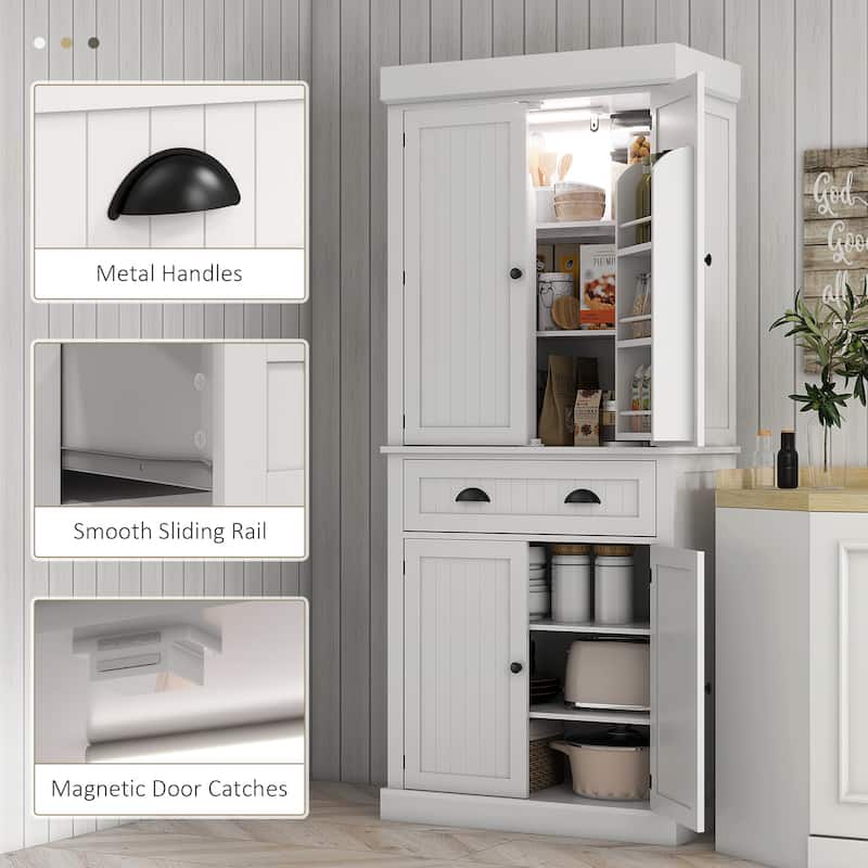 Tall Kitchen Pantry Cabinet with Adjustable LED Light and Drawer Shelves for Organized Storage - 30.1" W x 15.7" D x 71.3" H