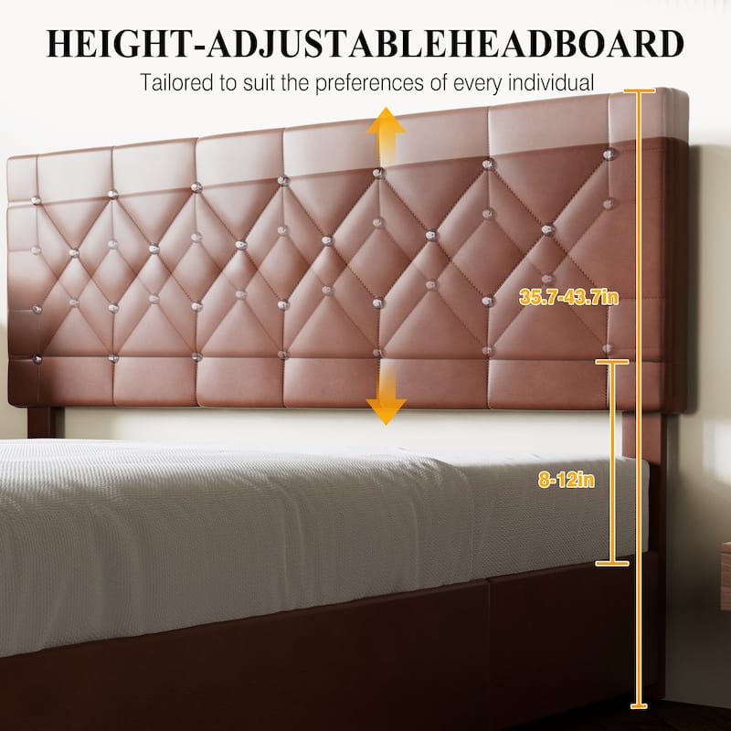 VECELO Bed Frame with Storage Drawers Leather Upholstered with Diamond Tufted Headboard Solid Wood Slat Support