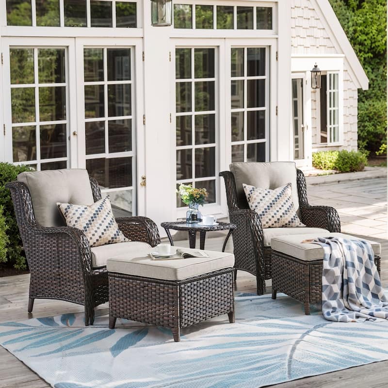 Pocassy 5 Pieces Outdoor Patio Chairs Ottoman Table with Cushion - Beige cushion - Brown Wicker