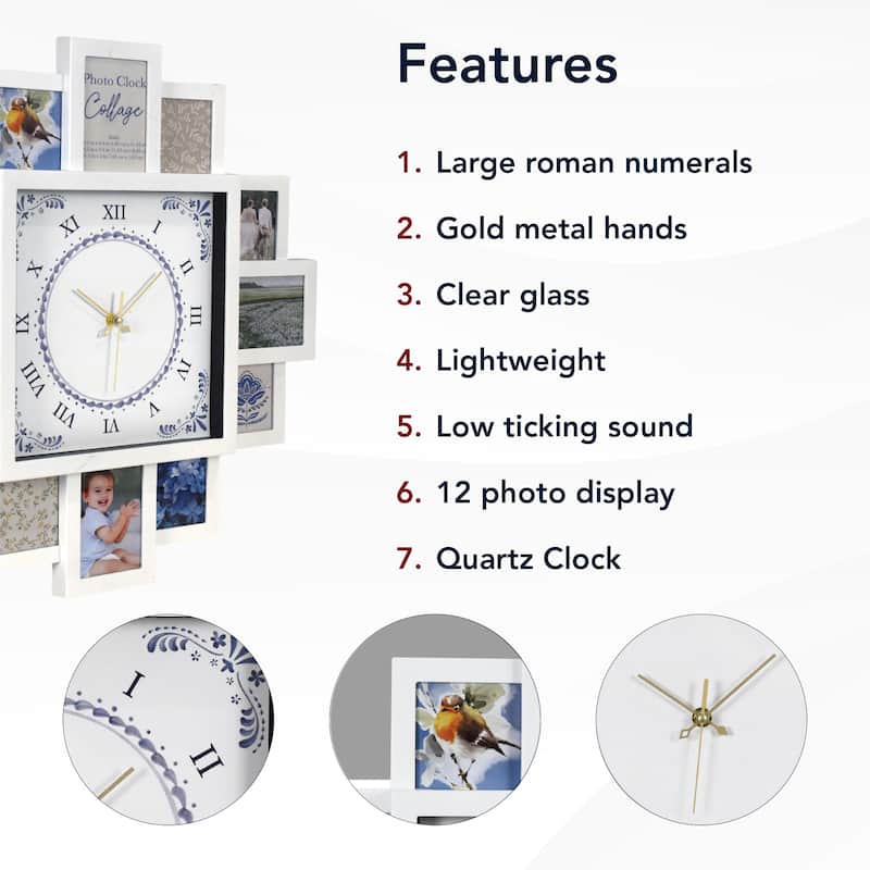 American Art Decor Picture Frame Collage Wall Clock 12 Photo Display Slots