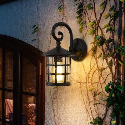 1-Light Black Glass Outdoor Wall Lantern Light - 6.1" x 7.9" x 11.6"