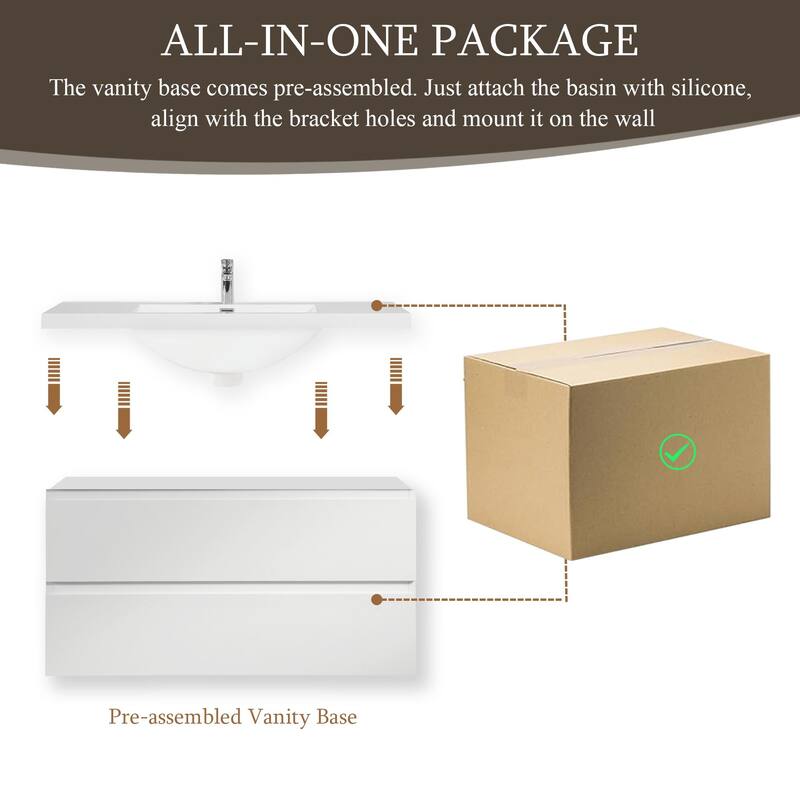 Modern Wall-Mounted Bathroom Vanity with White Solid Surface Top