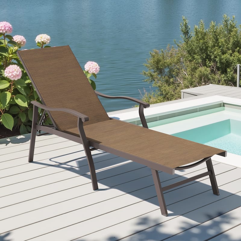 Outdoor Recliner All Weather Aluminum Adjustable Chaise Lounge Chair with Arms - See Picture - Brown