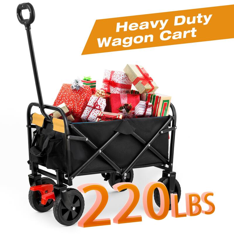Mini Folding Utility Wagon with Brake - Compact Garden & Beach Cart, Orange & Black