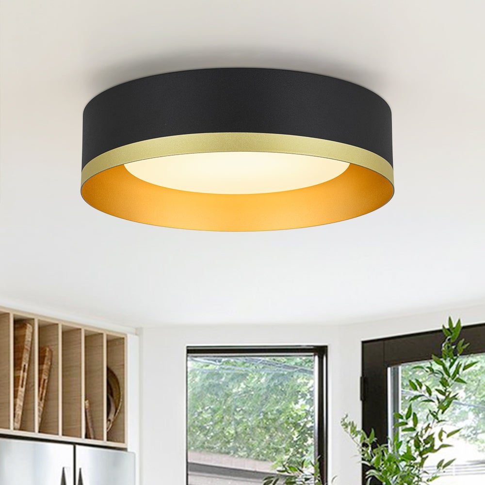 5CCT Dimmable Ceiling Light Gold Trim Flush Mount With Drum Glass - 13.8 in